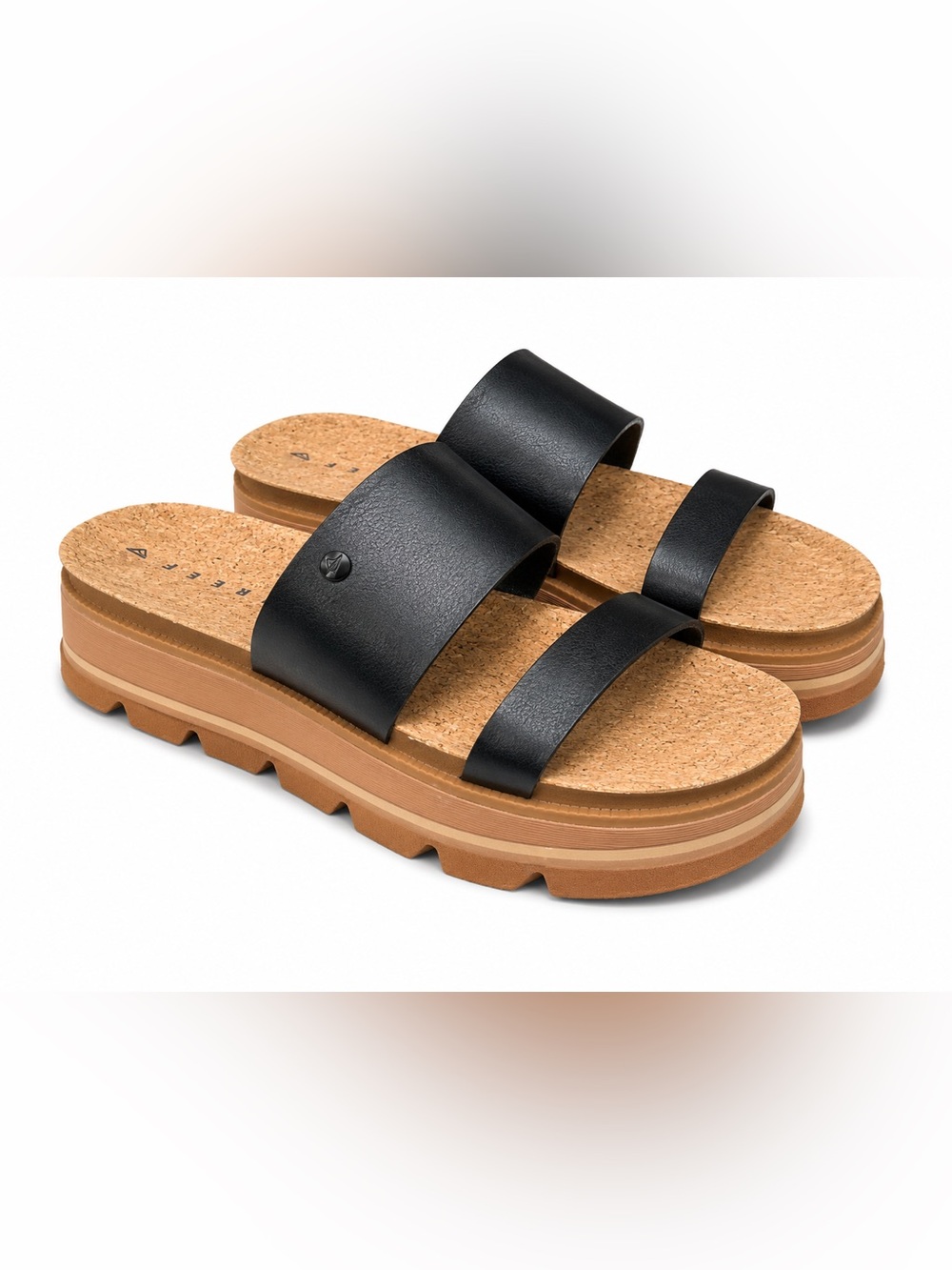 REEF Vista Luxe Black Leather Cork Platform Slides Coastal Minimalist Boho Sz 9